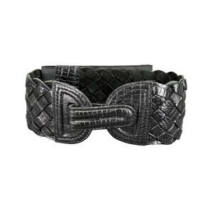 Vintage 1990s Black Woven Leather 3" Wide Elastic Belt